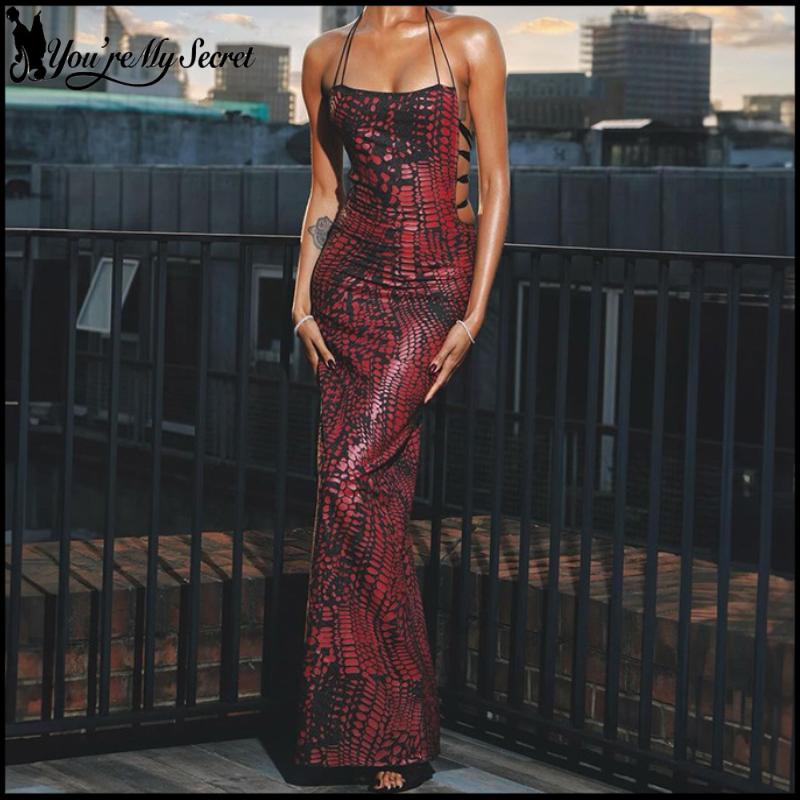 Gaun Maxi Mermaid Motif Ular M - Maxi Dress Halter ulasan dan harga